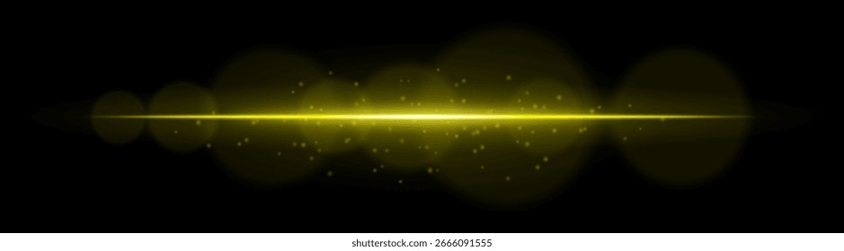 Light burst. Bright horizontal ray with floating particles and lens blur. Ideal for visualizing sparkle, energy or glowing digital effects.