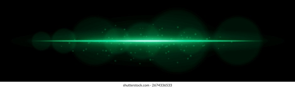 Estalló la luz. Rayos Horizontales brillantes con partículas flotantes y desenfoque de la lente. Ideal para visualizar destellos, energía o efectos digitales brillantes.