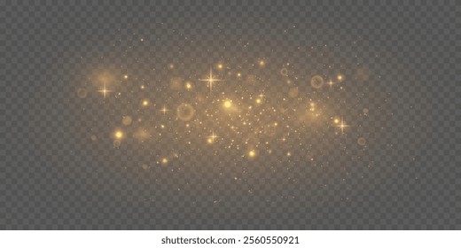 Light burst effect. Gold dust particles and bokeh. Christmas sparkling light effect. On transparent background. Vector.