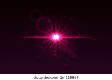 Explosão de luz com partículas de brilho e sutis anéis de clarão de lente. Flash estrela irradiando no fundo preto para aparência cinematográfica ou sci-fi.