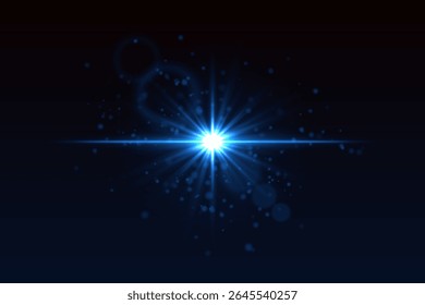 Explosão de luz com partículas de brilho e sutis anéis de clarão de lente. Flash estrela irradiando no fundo preto para aparência cinematográfica ou sci-fi.