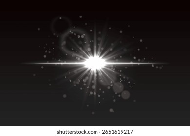 Explosão de luz com partículas de brilho e sutis anéis de clarão de lente. Flash estrela irradiando no fundo preto para aparência cinematográfica ou sci-fi.