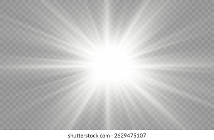 Light burst with glowing flare and bright flash in transparent background with sun rays glitter stars and shine effect for magical abstract design vector illustration and festive backdrop

