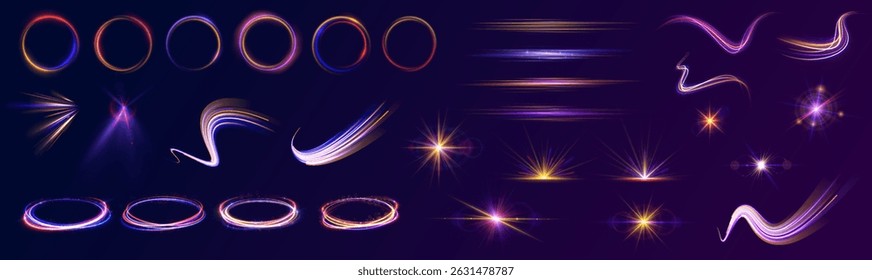 Light burst with glowing streak and neon shine forms abstract horizontal flare effect with purple beam motion and glitter sparkle for futuristic party vector design on transparent background