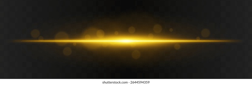 Explosão de luz. Brilho horizontal dourado com flare radial e partículas suaves no fundo transparente escuro, adequado para visuais técnicos ou de ficção científica.