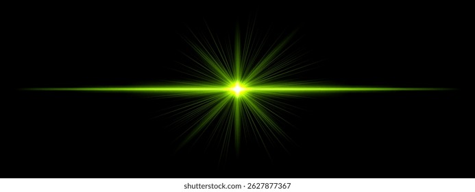 Light burst. Green flash with vertical line glow, high-energy ray effect, strong horizontal highlight, dramatic light concept.