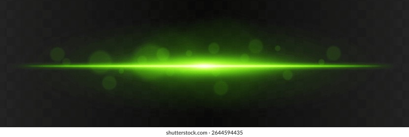Light burst. Green horizontal glow with radial flare and soft particles on dark transparent background, suitable for tech or sci-fi visuals.