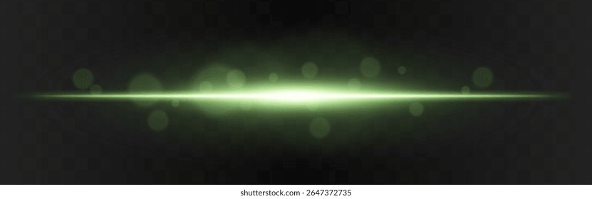 Explosão de luz. Brilho horizontal verde com flare radial e partículas suaves no fundo transparente escuro, adequado para imagens de tecnologia ou ficção científica.