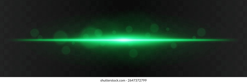 Explosão de luz. Brilho horizontal verde com flare radial e partículas suaves no fundo transparente escuro, adequado para imagens de tecnologia ou ficção científica.