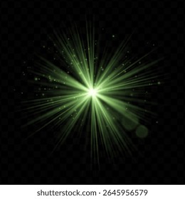 Explosão de luz. Flash radial verde com brilhos e brilho transparente, ideal para imagens tecnológicas, de fantasia ou mágicas e interfaces de usuário dinâmicas.