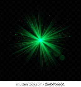 Explosão de luz. Flash radial verde com brilhos e brilho transparente, ideal para imagens tecnológicas, de fantasia ou mágicas e interfaces de usuário dinâmicas.