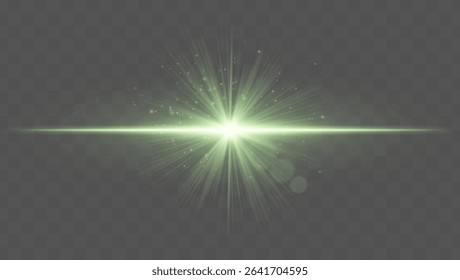 Light burst. Green starburst with fine rays, sparkles, and radial symmetry on transparent backdrop, ideal for fantasy or magic concepts.