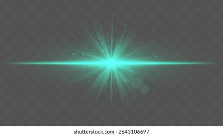 Explosão de luz. Estrela verde com raios finos, faíscas e simetria radial em um pano de fundo transparente, ideal para conceitos de fantasia ou mágica.