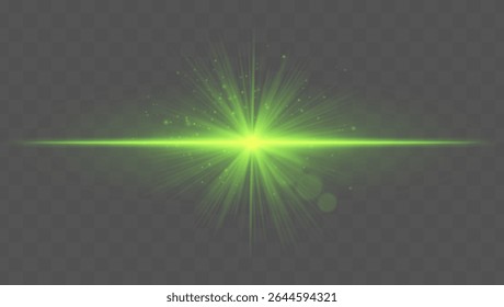 Light burst. Green starburst with fine rays, sparkles, and radial symmetry on transparent backdrop, ideal for fantasy or magic concepts.