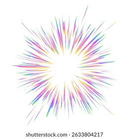 Licht platzt mit Regenbogenprismeneffekt. Halo Fackel funkelt von Kristall auf weißem Hintergrund. Radiale holografische Vektorfarbenexplosion. Comic-Linien erstrahlen Strahlen mit Funken und Neonreflexion.