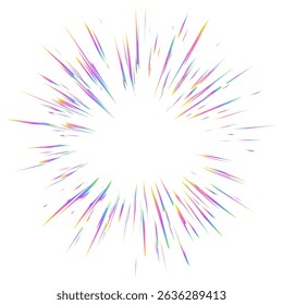 Light burst with rainbow prism effect. Halo flare sparkles of crystal on white background. Vector radial holographic color explosion. Comic speed lines glare beams with sparks and neon reflection.