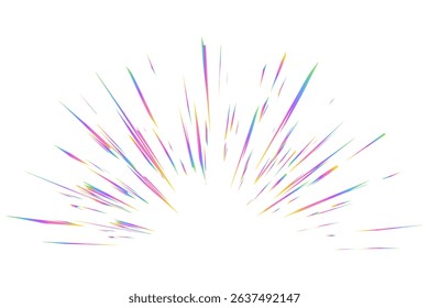 Light burst with rainbow prism effect. Halo flare sparkles of crystal on white background. Vector radial holographic color explosion. Comic speed lines glare beams with sparks and neon reflection.