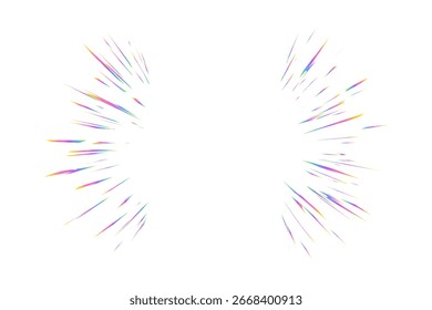 Estallido de luz con efecto de prisma de arco iris. Halo destellos de cristal. Explosión de color holográfico radial de Vector. Líneas de velocidad cómicas deslumbran vigas con chispas y reflejos de neón sobre fondo blanco.