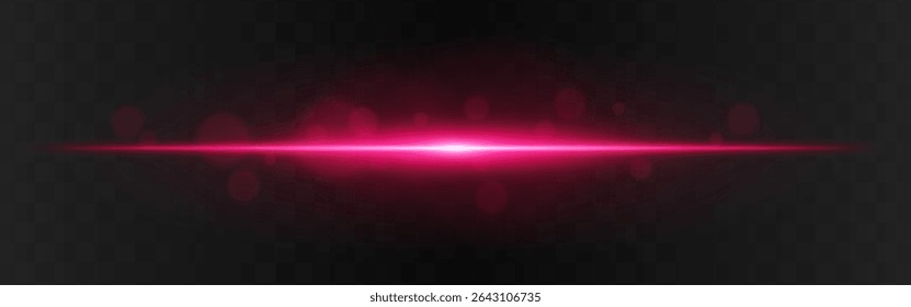Explosão de luz. Brilho horizontal vermelho com flare radial e partículas macias em fundo transparente escuro, adequado para imagens de tecnologia ou ficção científica.