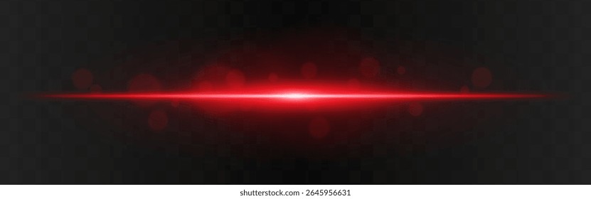 Explosão de luz. Brilho horizontal vermelho com flare radial e partículas macias em fundo transparente escuro, adequado para imagens de tecnologia ou ficção científica.