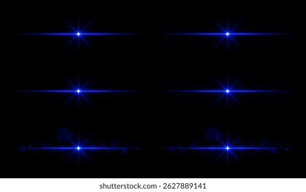 Light burst set. Blue glowing rays with sharp beams and horizontal flare. Clean composition with strong central point, perfect for energy or magic theme.