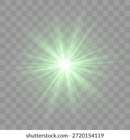 Conjunto de ráfaga de luz. Esmeralda. El destello de luz se extiende horizontalmente sobre un fondo oscuro. Rayos verdes brillantes con vigas afiladas y destellos Horizontales. Núcleo verde brillante con rayos radiales y partículas. Estrella verde.