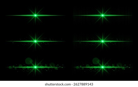 Light burst set. Green glowing rays with sharp beams and horizontal flare. Clean composition with strong central point, perfect for energy or magic theme.