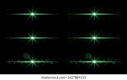 Light burst set. Green glowing rays with sharp beams and horizontal flare. Clean composition with strong central point, perfect for energy or magic theme.