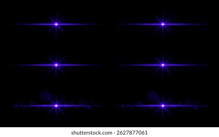 Light burst set. Purple glowing rays with sharp beams and horizontal flare. Clean composition with strong central point, perfect for energy or magic theme.