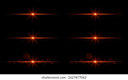 Conjunto de ráfaga de luz. Rayos rojos brillantes con vigas afiladas y destellos Horizontales. Composición limpia con punto central fuerte, perfecto para energía o tema mágico.