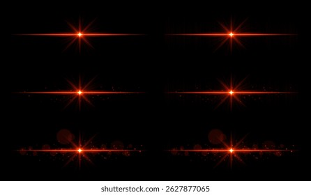 Light burst set. Red glowing rays with sharp beams and horizontal flare. Clean composition with strong central point, perfect for energy or magic theme.
