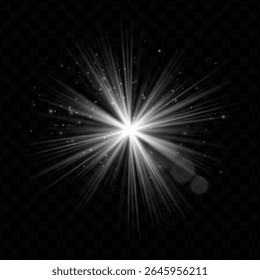 Explosão de luz. Flash radial branco com brilhos e brilho transparente, ideal para tecnologia, fantasia ou visuais mágicos e interfaces de usuário dinâmicas.
