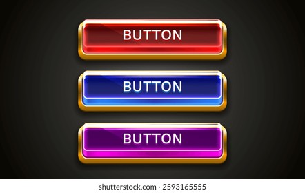 Light button, frame label, event bar casino, gold buttons with color. Vector illustration