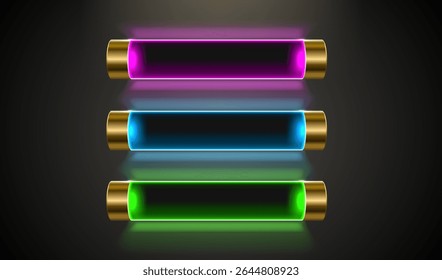 Botão de luz, rótulo do quadro, barra de eventos da Web, botões dourados com cor. Ilustração vetorial