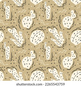 Light cacti on a beige background with brush stripes. Hand drawn seamless vector pattern for fabric design, textile, wrapping paper. Tropical illustration with plants in the desert. Doodle boho style