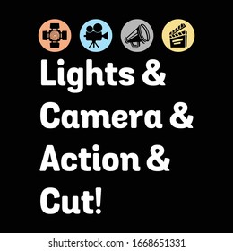 Light, Camera, Action & Cut! Clapperboard. T-shirt print, postcard, home decoration.