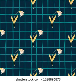 Light campanulas silhouettes seamless pattern. Tender botanic ornament on dark navy blue background with check. Designed for fabric design, textile print, wrapping, cover. Vector illustration.