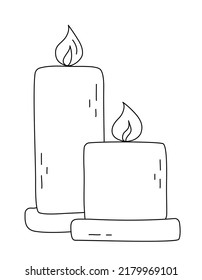 Light Candle. Two large burning wax candles. Hand-drawn vector illustration. Doodle sketch element. Black outline isolated on a white background.