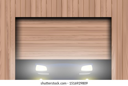 light of a car in wooden garage 