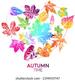 Light card autumn time with leaf prints in bright trendy gradient colors. Vector design elements for the design of postcards, promotional leaflets, autumn sales.