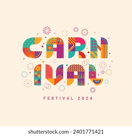 Light carnival banner, invitation for festival 2024.Party card for carnaval,mardi gras,masquerade,parade.Letters from geometric shapes,fireworks, stars. Template for design flyer, web,poster. Vector