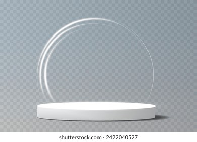 Light catwalk on transparent background, neon white circle light from spotlight, empty stage and studio room with floating smoke. For product demonstrations.