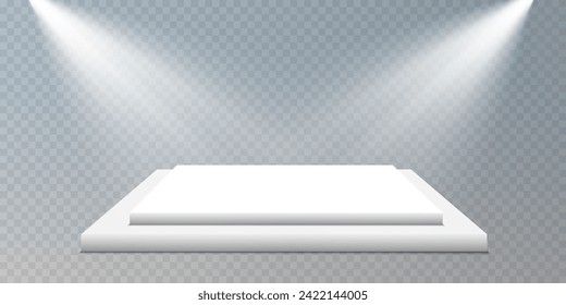 Light catwalk on transparent background, neon light from spotlight, empty dark stage and studio room with floating smoke. For product demonstrations.