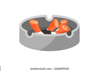 Light ceramic ashtray with cigarette butt isolated on white background. Editor, writer or copywriter attribute. Trash. Unhealthy lifestyle and bad habit. Harmfulness with tobacco. Vector illustration
