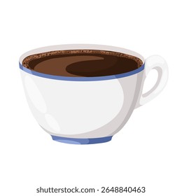 Light ceramic mug with espresso and blue rim. Cartoon vector in hand drawn style with warm colors and soft lines. Gentle shading emphasizes cozy drink texture and round shape