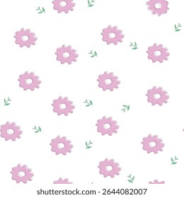 Light and cheerful pattern of pink daisy-style flowers and green leaves over a white background, ideal for spring or textile use.