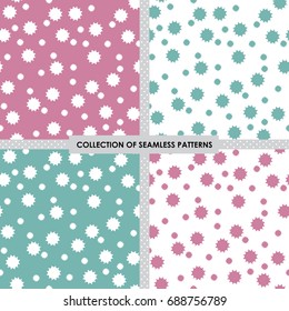 Light and cheerful pattern for wrapping paper, fabric, backgrounds etc. Set of 4 seamless vector images. Pink and blue variations