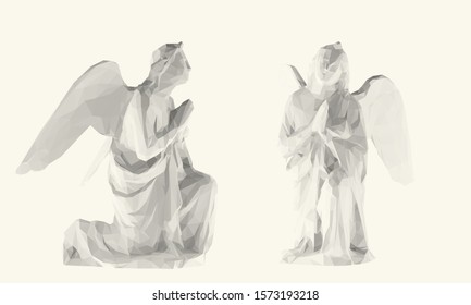 Light Christmas Angel. Set of Isolated White Angels on White Background. Low Poly Vector 3D Rendering