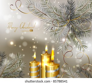 light Christmas background with burning candles and fir-tree