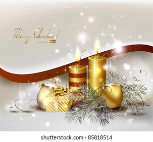 light Christmas background with burning candles and Christmas gift